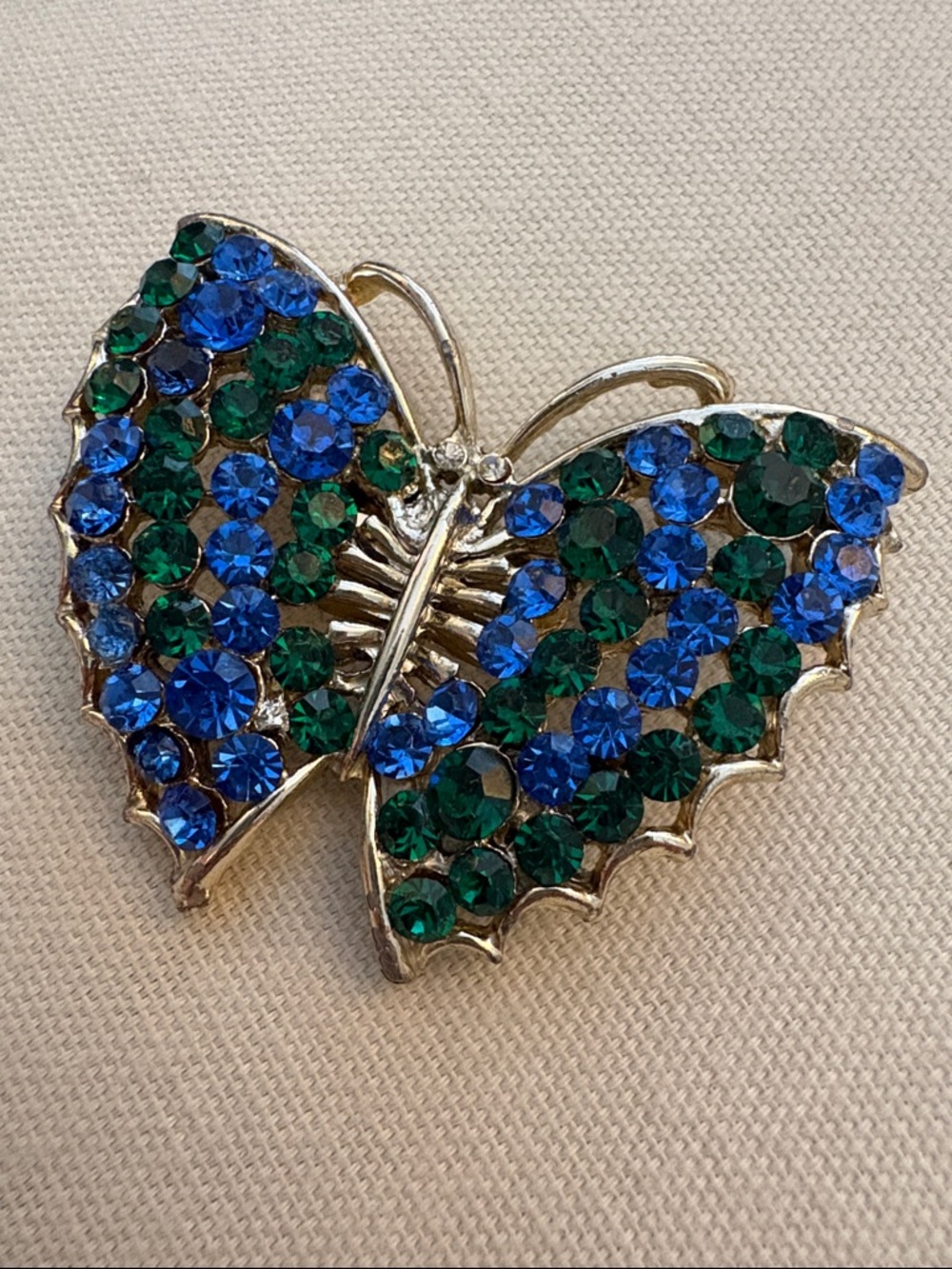 Butterfly Brooch with Blue and Green Crystals